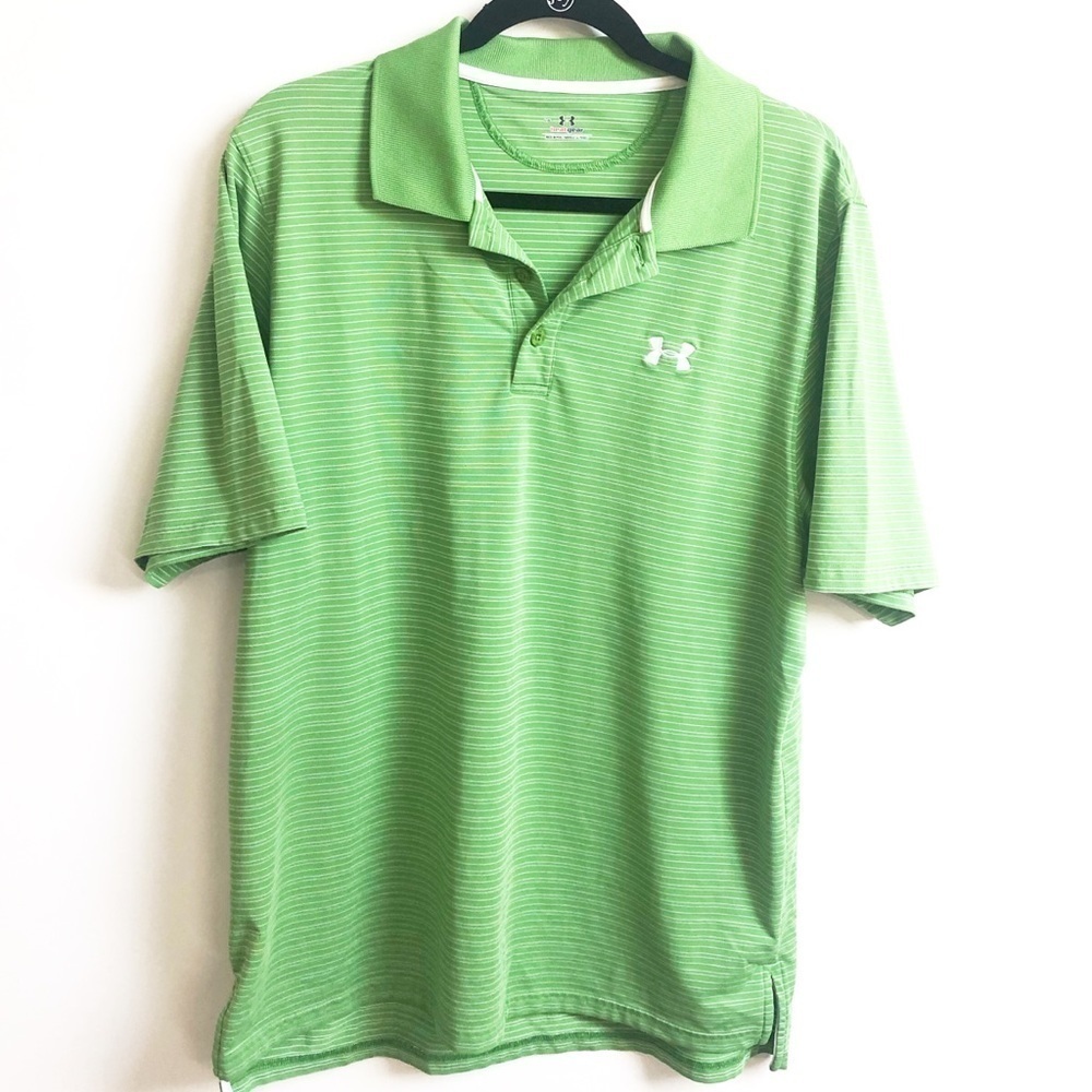 UA Heat Gear lime green striped shirt sleeve polo